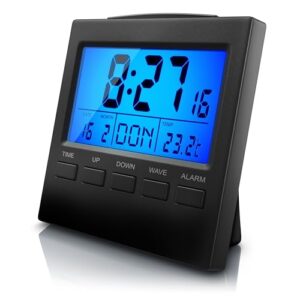 CSL - Reisewecker Funk digital - Funkwecker mit Temperaturanzeige - DCF Funkuhr - 3,3 Zoll LCD-Display mit Blauer LED Hintergrundbeleuchtung - Wecker mit Innen- Datums- und Wochentagsanzeig