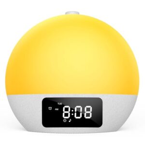 Foryond Tageslichtwecker,Lichtwecker Sonnenaufgang Wecker Digital Wake Up Light mit 25 beruhigende Klänge in 16 Helligkeit,Doppelalarm,8 Volltonfarben 9 farbige Licht, Wecker mit Projektion Weiß