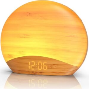 REACHER Lichtwecker Sonnenaufgang, Nachtlicht, 0–100% Dimmbare Uhr, 26 Beruhigender Klängen, Nachttischlampen, Holz Tageslichtwecker für Schlafzimmer, Erwachsene, Babys, Kinder