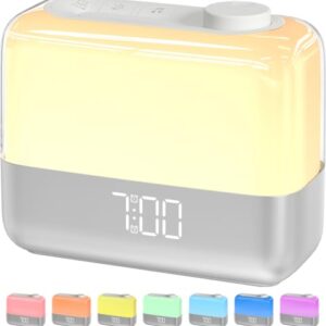 MeesMeek Sonnenaufgangswecker für Schlafzimmer: Wecklicht, RGB Nachtlicht, 9-Min Schlummer, 6 natürliche Klänge, 7 Lautstärken, wiederaufladbare Batterie, 2 laute Alarme für Schwerschläfer (Silber)