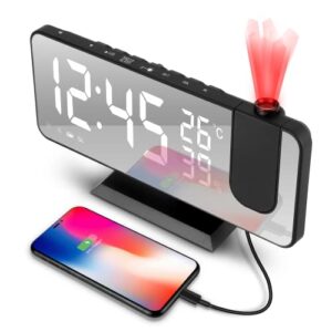 tEEZErshop Projektionswecker, wecker mit projektion 180 °, Radiowecker mit USB-Anschluss großem LED-Anzeige Snooze Dual-Alarm,4 Projektionshelligkeit mit Automatischem Dimmer, 32FM Radio