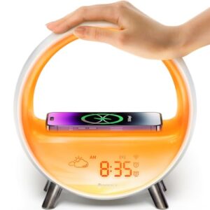 Dekala Lichtwecker Tageslichtwecker Sonnenaufgang und Sonnenuntergang Simulation, Nachttischlampe mit kabellosem 15W Laden, Touch- und App-Steuerung