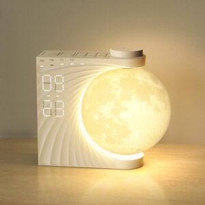 INSSISAIN Mondlampe mit Wecker, 10 beruhigende Töne mit bunter Lichtmodus, Wecklicht für Tisch, Schlafzimmer, Wohnzimmer, Doppelalarme, Schlummerfunktion, Aufwachlicht, 10 Naturgeräusche, 8 Farben